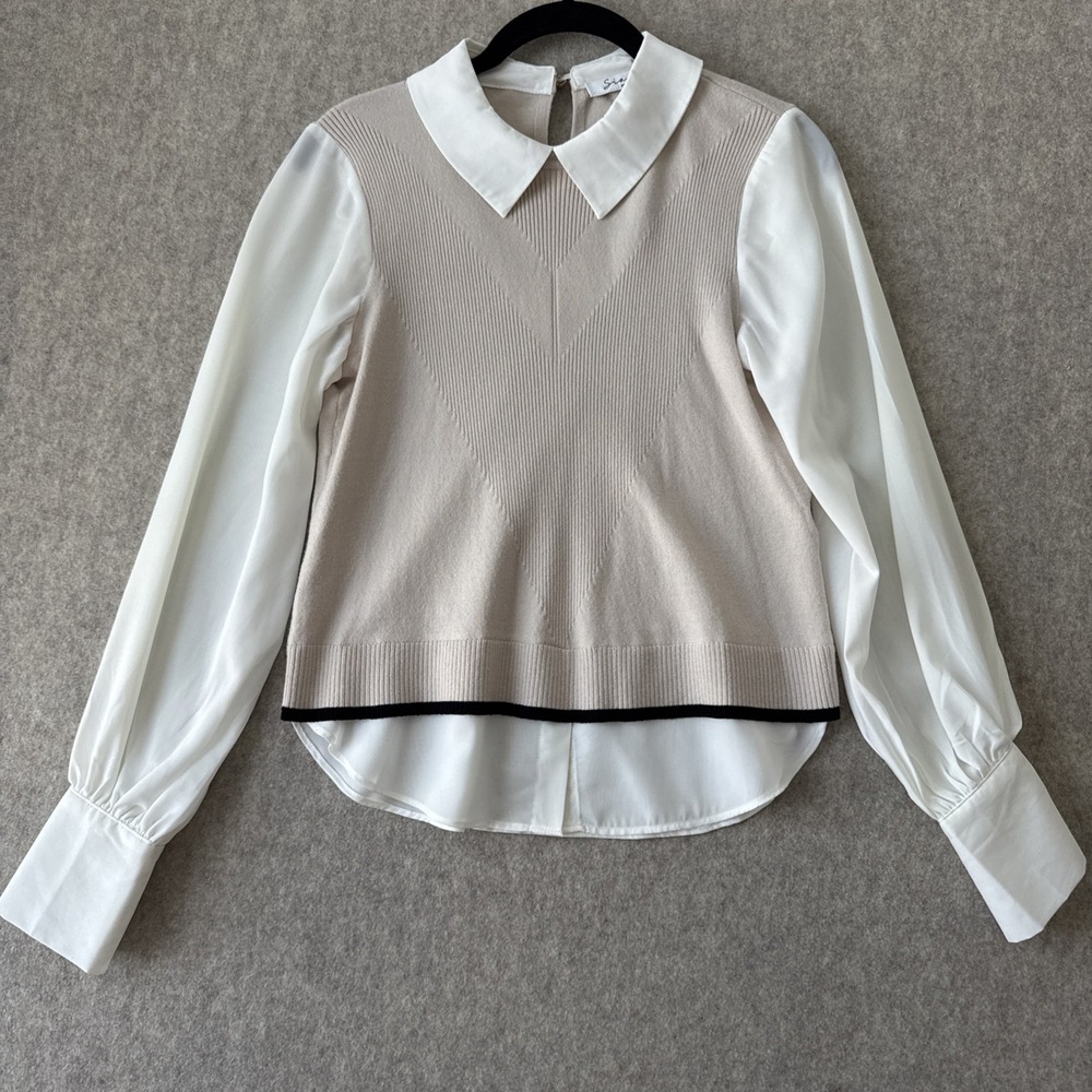 Sioni Milano Layered Sweater Blouse Womens XS Beige White Collar Balloon Sleeve